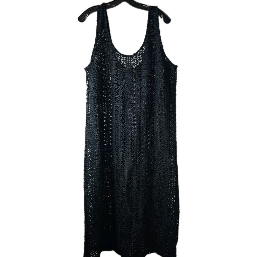 F&F Black Cotton Crochet Dress XL Sleeveless Openweave Sheer Dress Side Slits - Picture 2 of 10